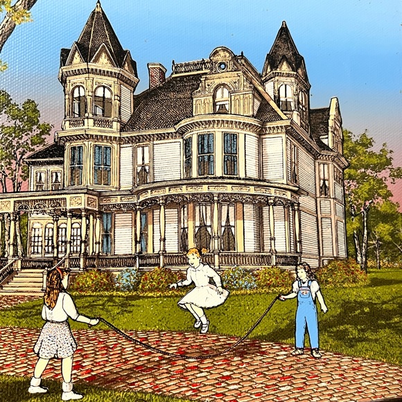 H. Hargrove Signed Painting Serigraph Victorian house girls playing - Picture 6 of 6